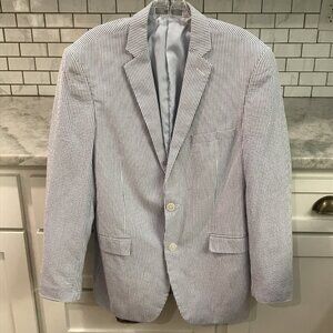 Adolfo Blazer Jacket Mens 40R Blue White Seersucker Stripe Classic Summer Suit